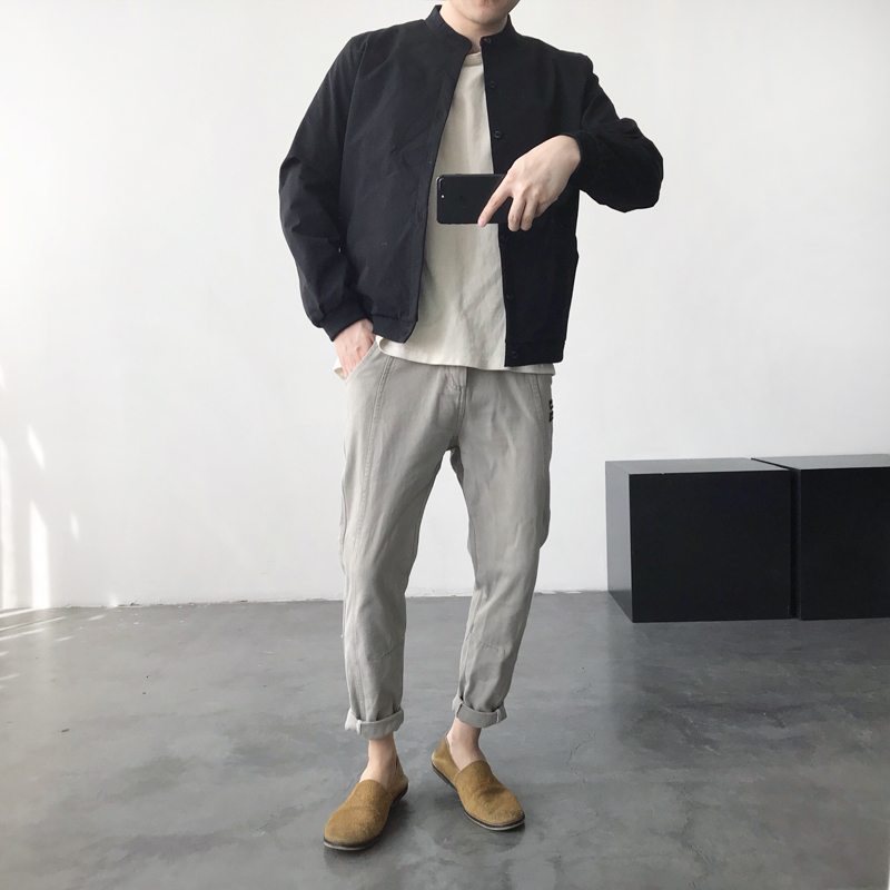 春季男士纯色修身立领夹克男装休闲百搭简约外套男韩版潮流上衣男