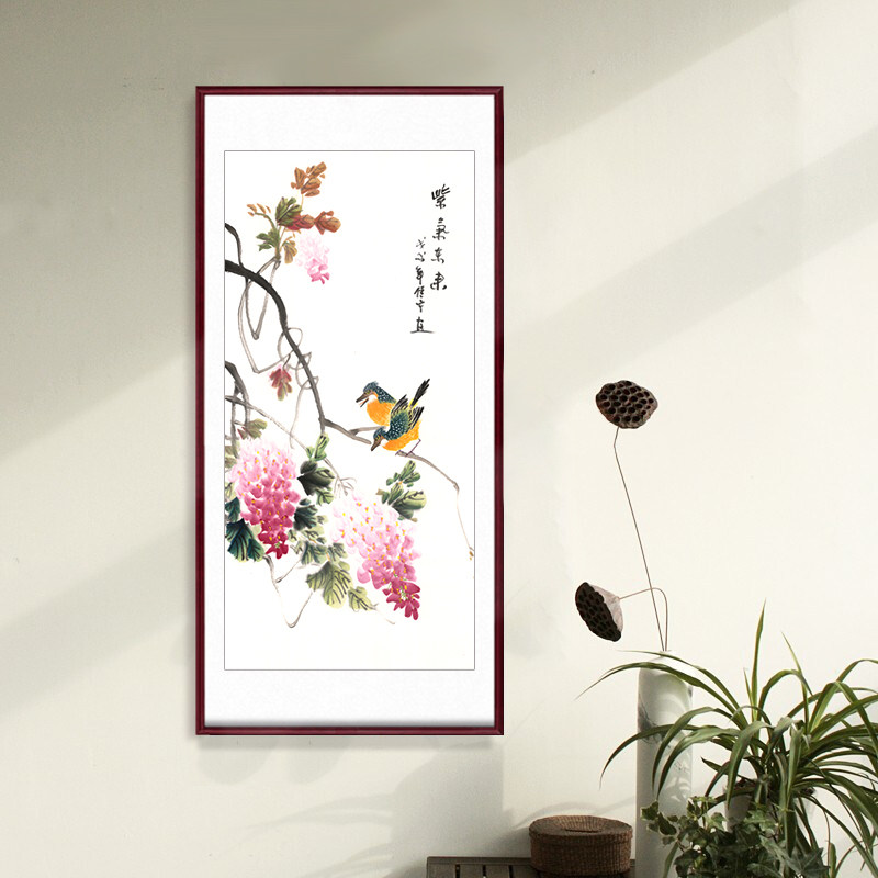 挂画玄关花鸟水墨画走廊写意画带装裱梅花牡丹国画