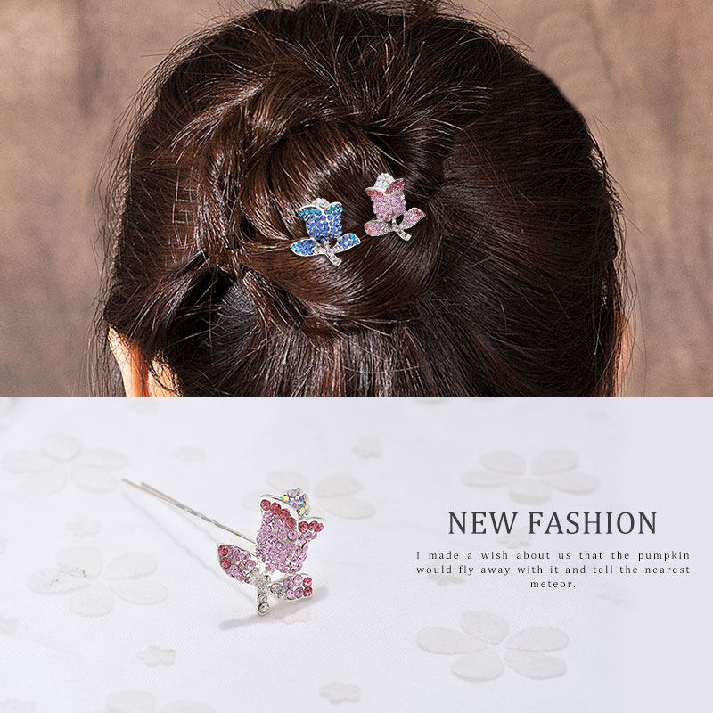 盘发缀好韩版玫瑰花发叉发夹发梳花朵镶钻发簪发饰