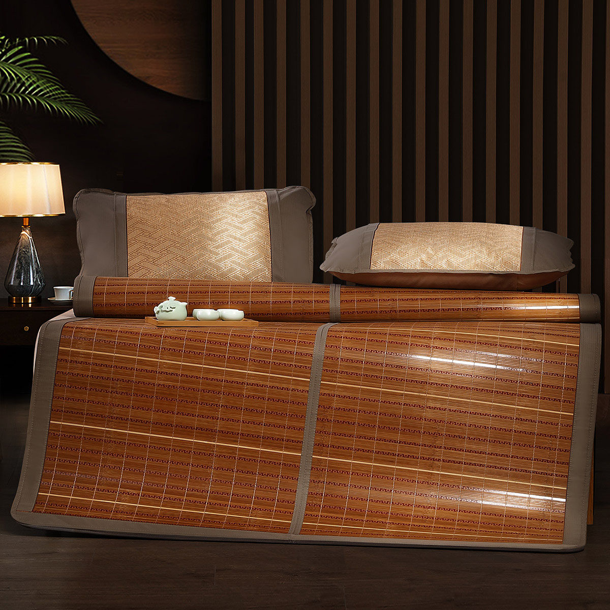 水星家纺木纹碳化竹席可折叠凉席子单双三件套空调竹凉席2021新品