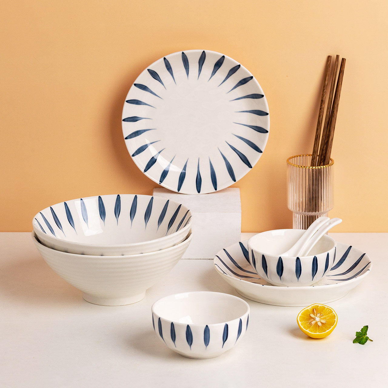 摩登主妇日式青瑶陶瓷饭碗深盘汤碗筷2人食碗盘家用创意餐具组合