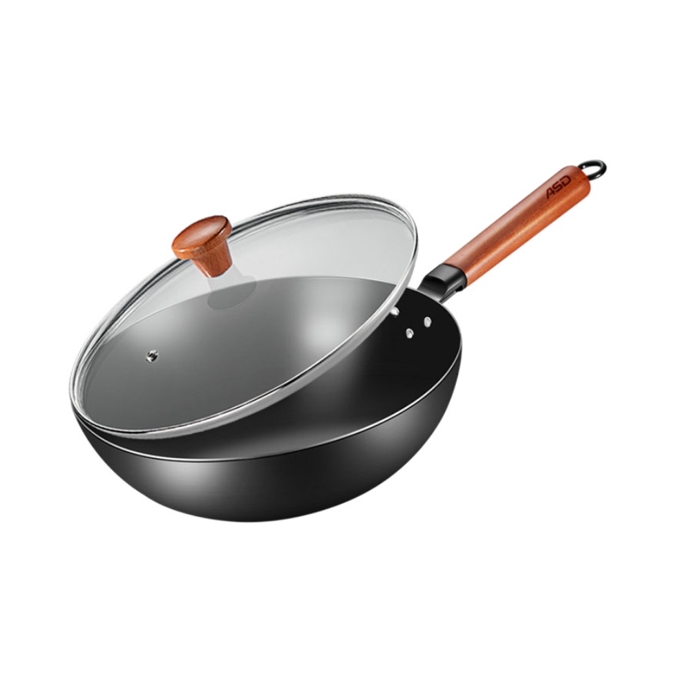 爱仕达炒锅铁锅32cm炒菜菜锅轻巧易掂勺木柄不锈炒锅