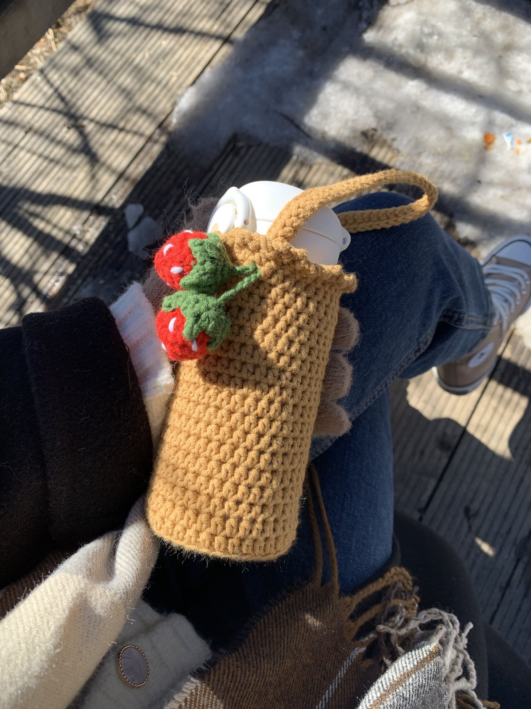 杯套pany手工编织草莓手提膳魔师杯套