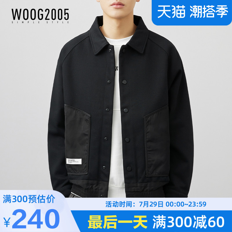 WOOG2005黑色翻领夹克衫男2022年春季新款潮流百搭休闲短款外套