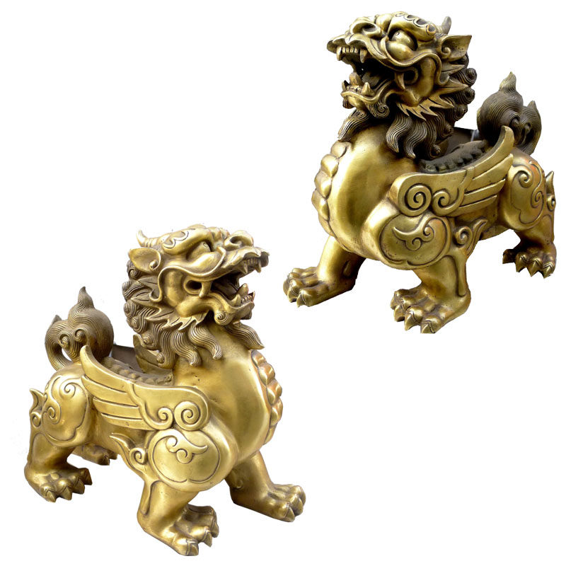 貔貅台湾祥狮摆件纯铜对公母神家居摆件