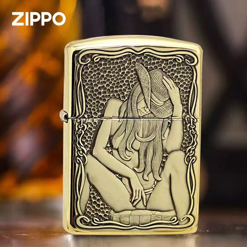 zippo打火机正品蚊版纯铜盔甲机浮雕牛仔双面女郎zippo