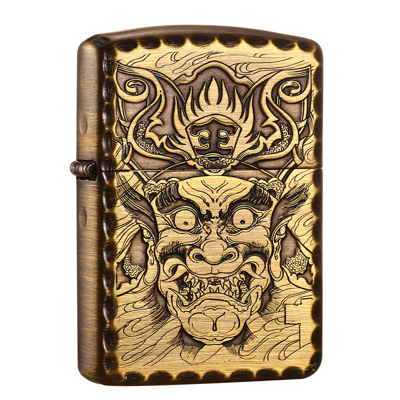 打火机zippo正版原装纯铜复古盔甲机咬边般若恶魔zippo