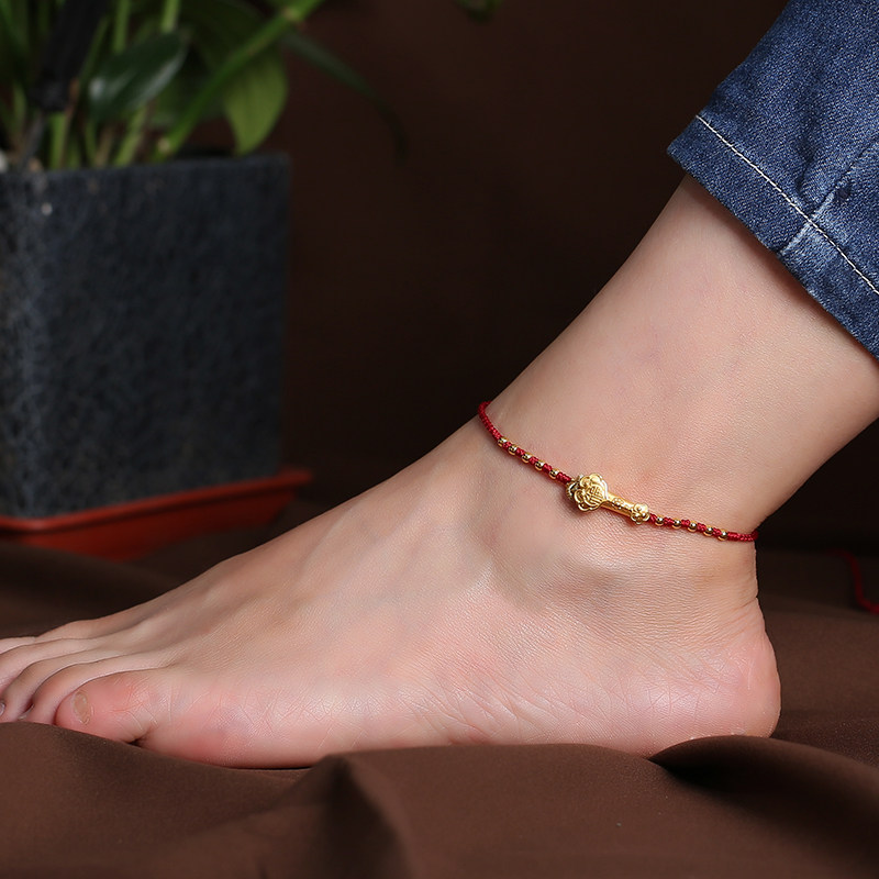 嫣然艺坊足金红绳脚链24k黄金转运编织脚绳脚饰