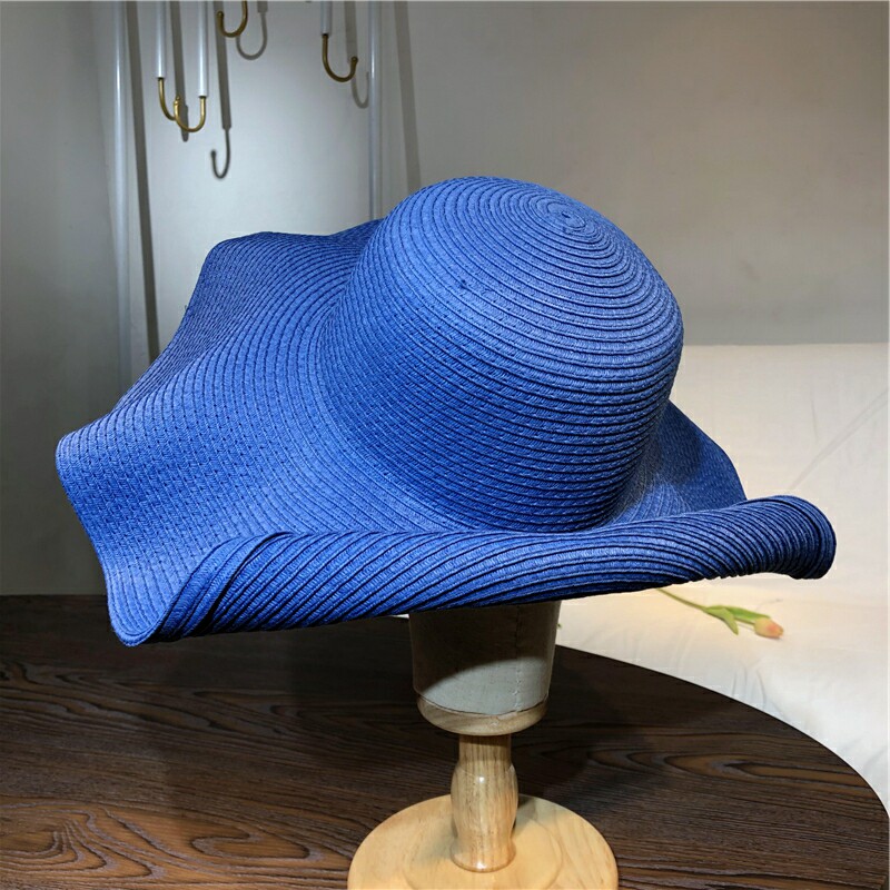 经典百搭宝蓝色可折叠大沿草帽夏天海边沙滩度假帽子