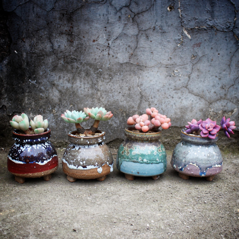 多肉网红奶罐手工粗陶小号控型牛奶花器流釉花盆