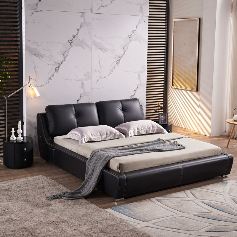 黑色简易真皮床头牛皮现代简约1米双人床软包床主皮艺床