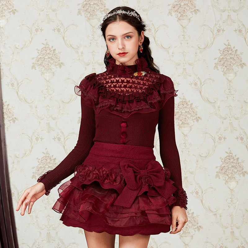 复古毛呢半身裙女装拼接立体蝴蝶结蓬蓬裙蕾丝裙摆蛋糕裙花儿开了