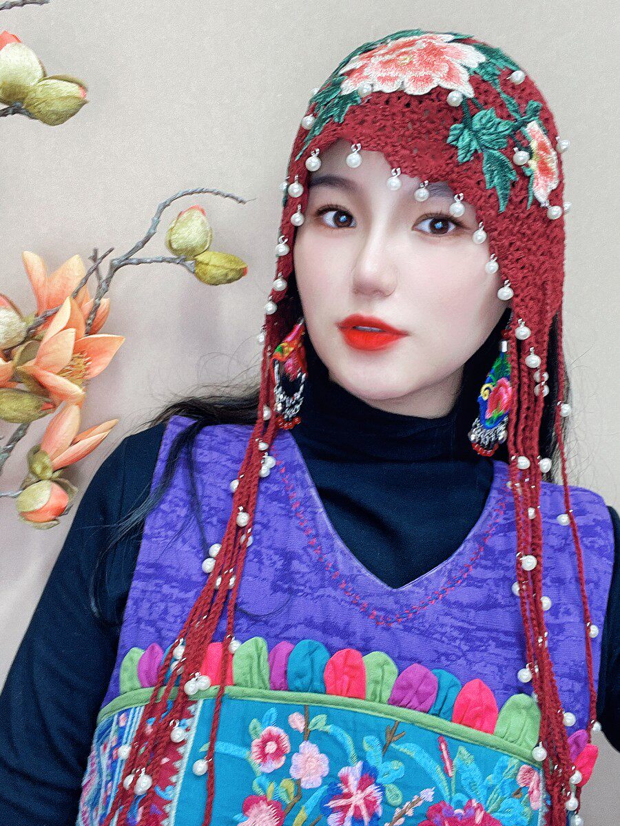 珍珠流苏杨丽萍同款毛线头饰民族民族风风帽子女帽子