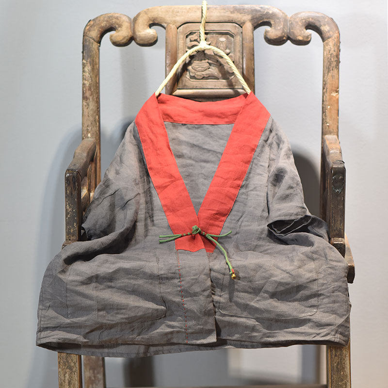 春夏禅意日式和尚领开衫复古汉对襟盘扣系带衬衫