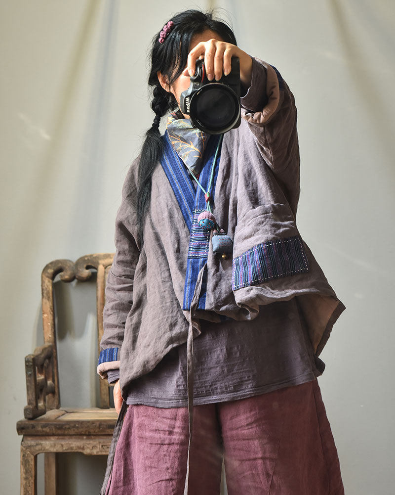 砂洗亚麻民间手织粗布拼色斜襟系带棉衣开衫棉衣