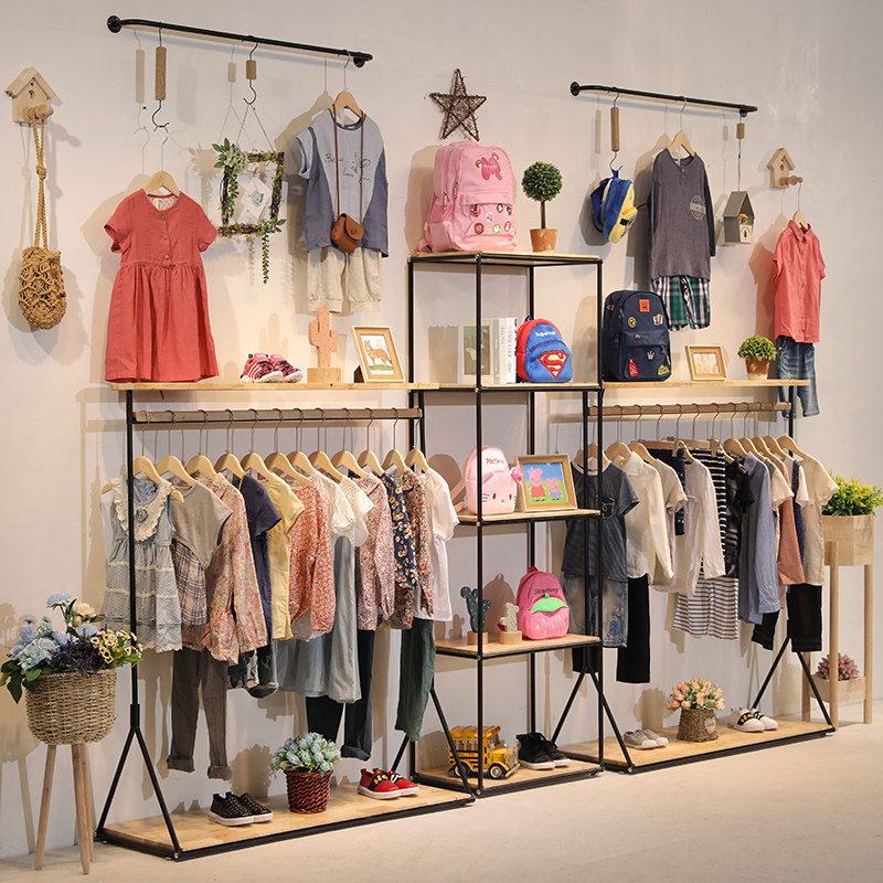 简约北欧童装店铺货架儿童服装店木展示架落地式中岛架上墙壁挂架