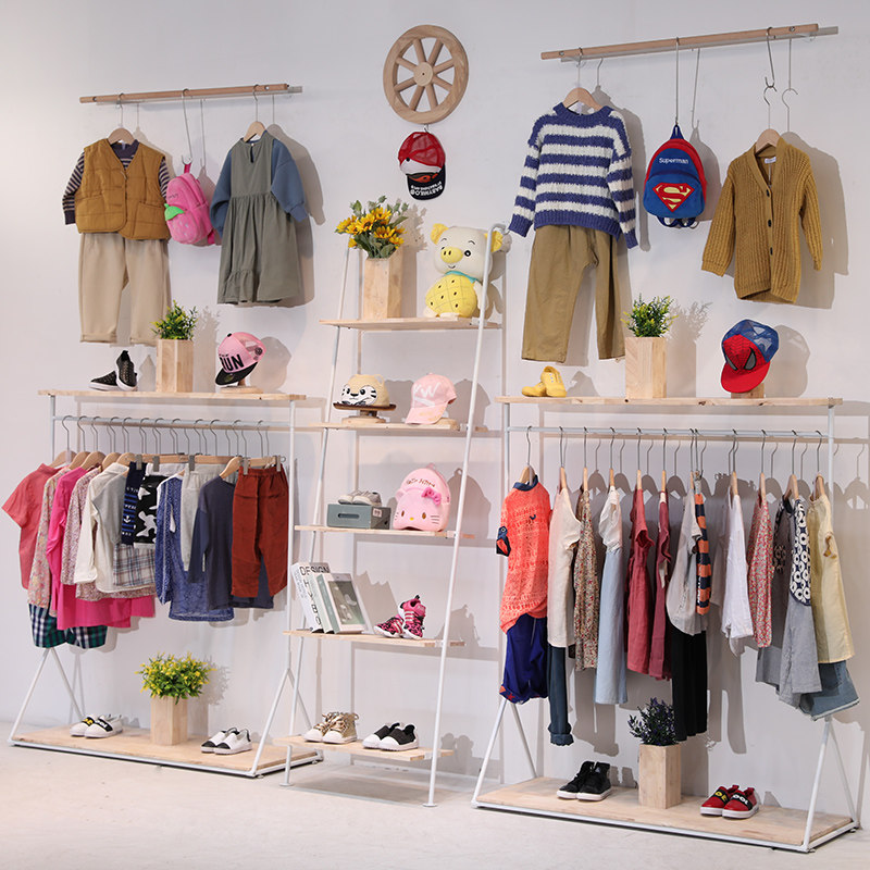 童装店铺展示架落地式儿童服装店货架上墙壁挂式衣架装修设计白色