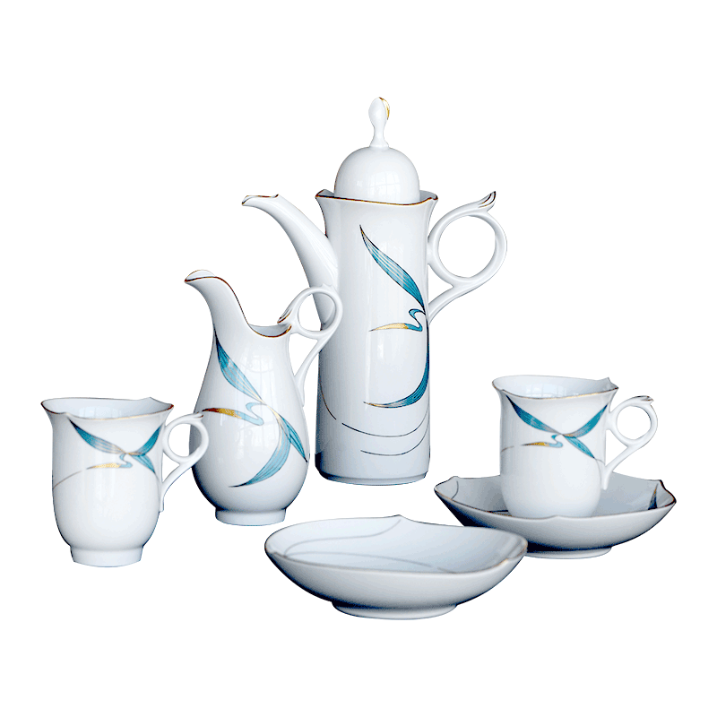 德国meissen梅森瓷器神奇波浪水鸟鸟图腾彩绘描金咖啡套具