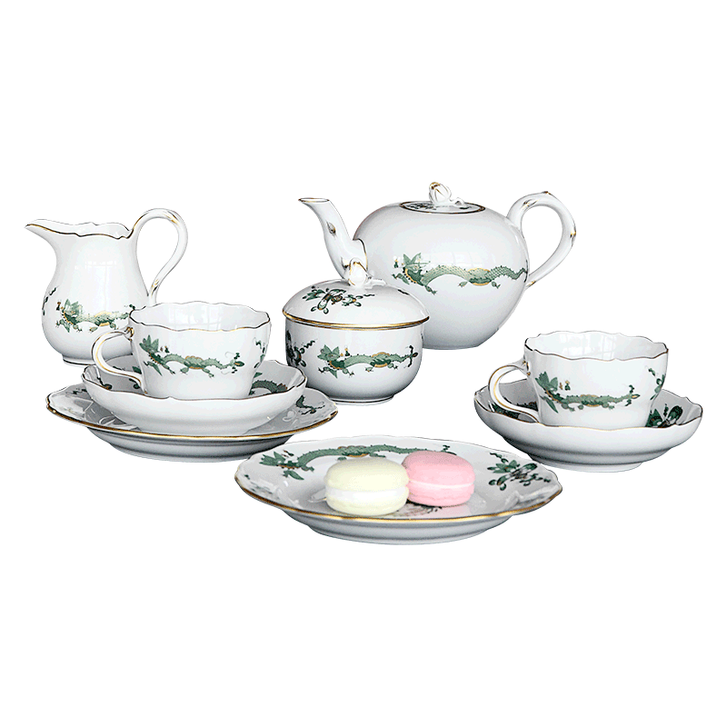 德国御龙茶具咖啡描金彩绘绿色meissen剪裁新剪裁咖啡套具