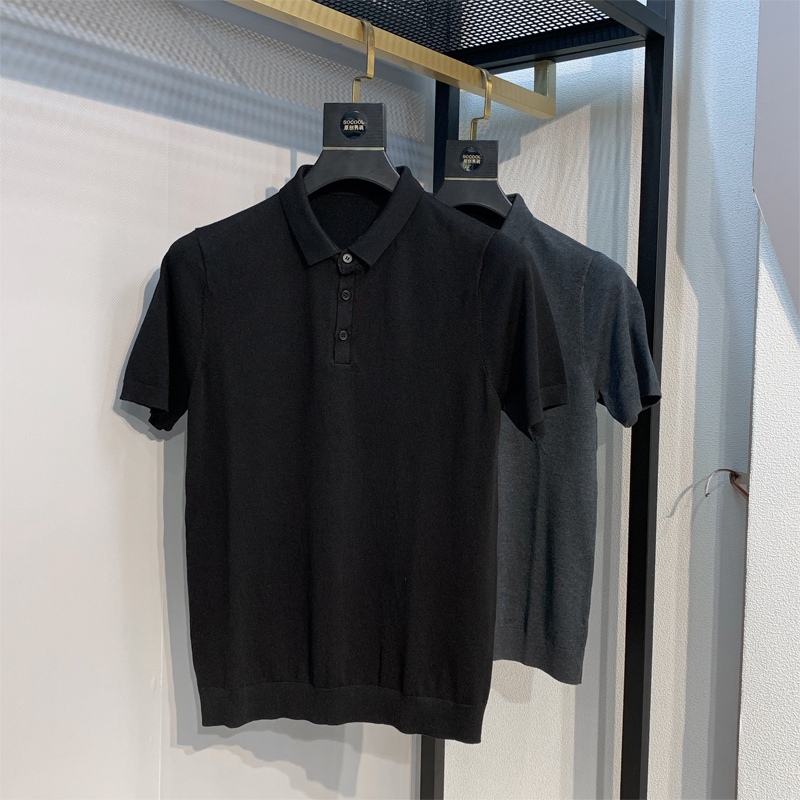 秋冬新款男士半袖polo针织衫个性纽扣套头衬衫领毛衣纯色大码线衫