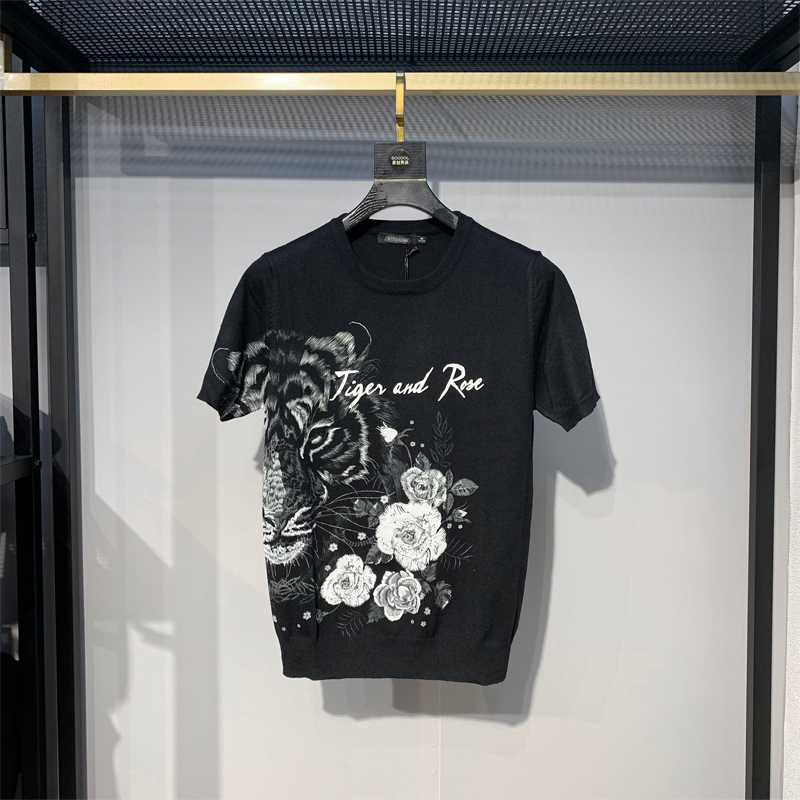 秋冬新款男士个性老虎花蕊印花短袖针织衫修身韩版青年打底半袖衫