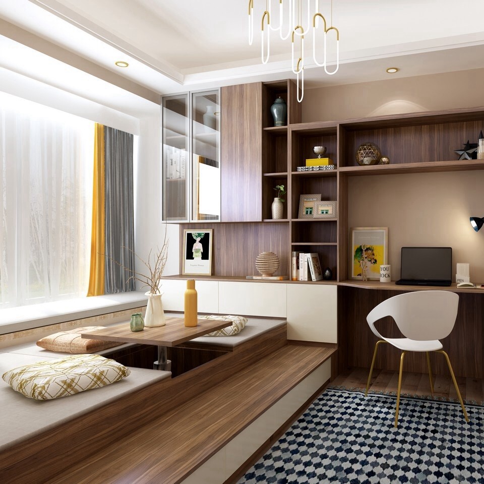 全屋定制榻榻米衣柜一体儿童飘窗书桌书柜轻奢实木家具榻榻米定制