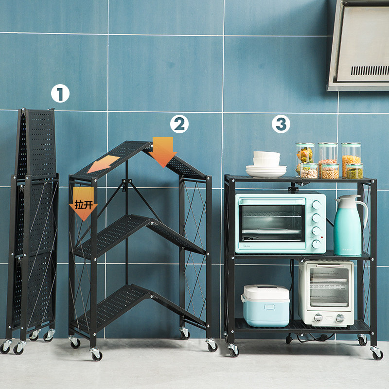 炊大皇厨房置物架安装落地收纳厨具可折叠手推车烤箱厨房置物架