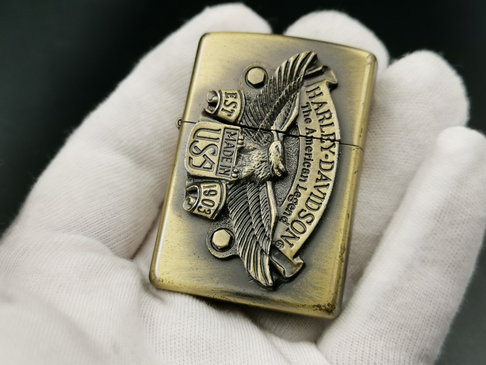 原装正品zippo二手好品94年熏铜哈雷横鹰贴章zippo