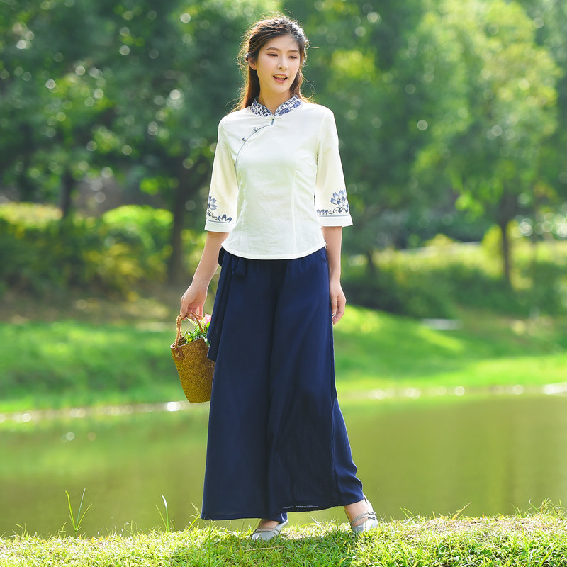 旗袍上衣女夏季改良时尚棉麻短款茶人服茶艺师禅意民族风女装大码