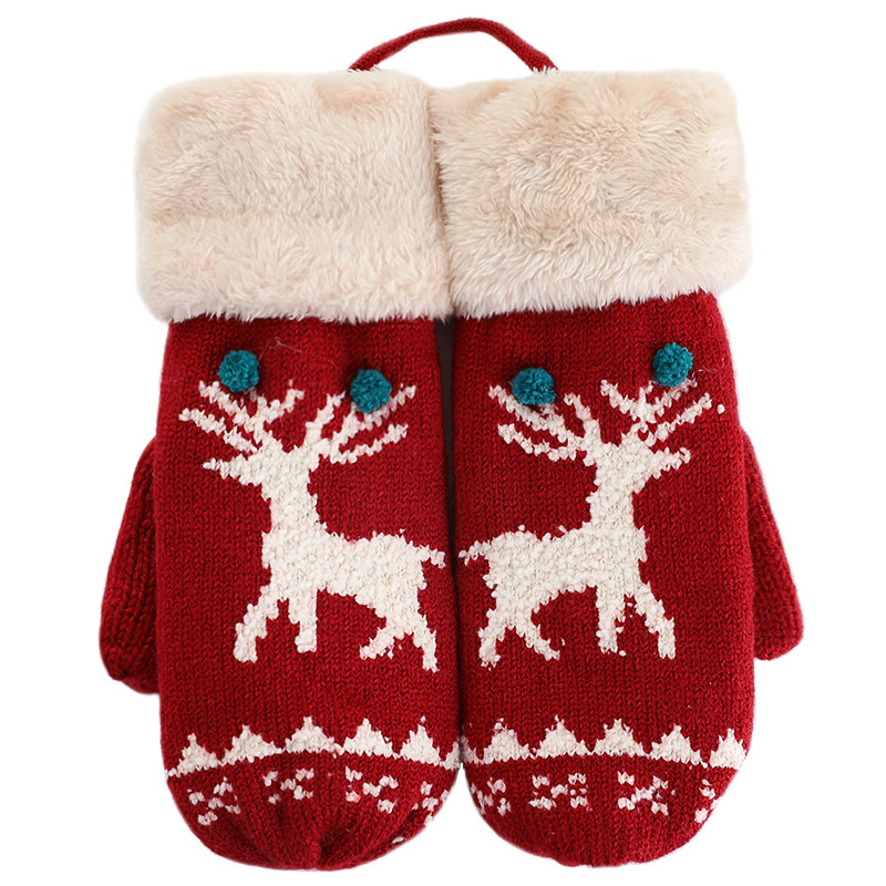 屿鹿毛线手套可爱冬季韩版保暖加绒学生圣诞节手套