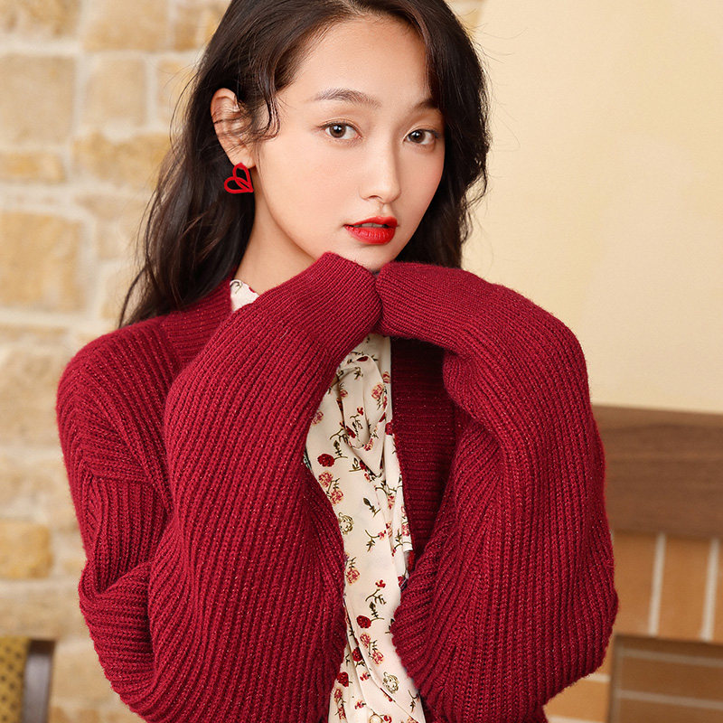 香影新年红色毛衣开衫女2021秋冬新款宽松慵懒毛针织衫
