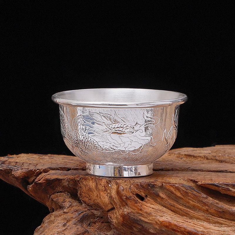纯银茶杯手工九龙雪花银杯品茗杯银杯子茶具茶杯