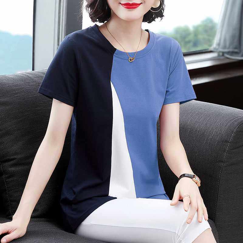 韩版中年短袖t恤女装宽松2022新款夏季妈妈装拼色半袖气质上衣潮