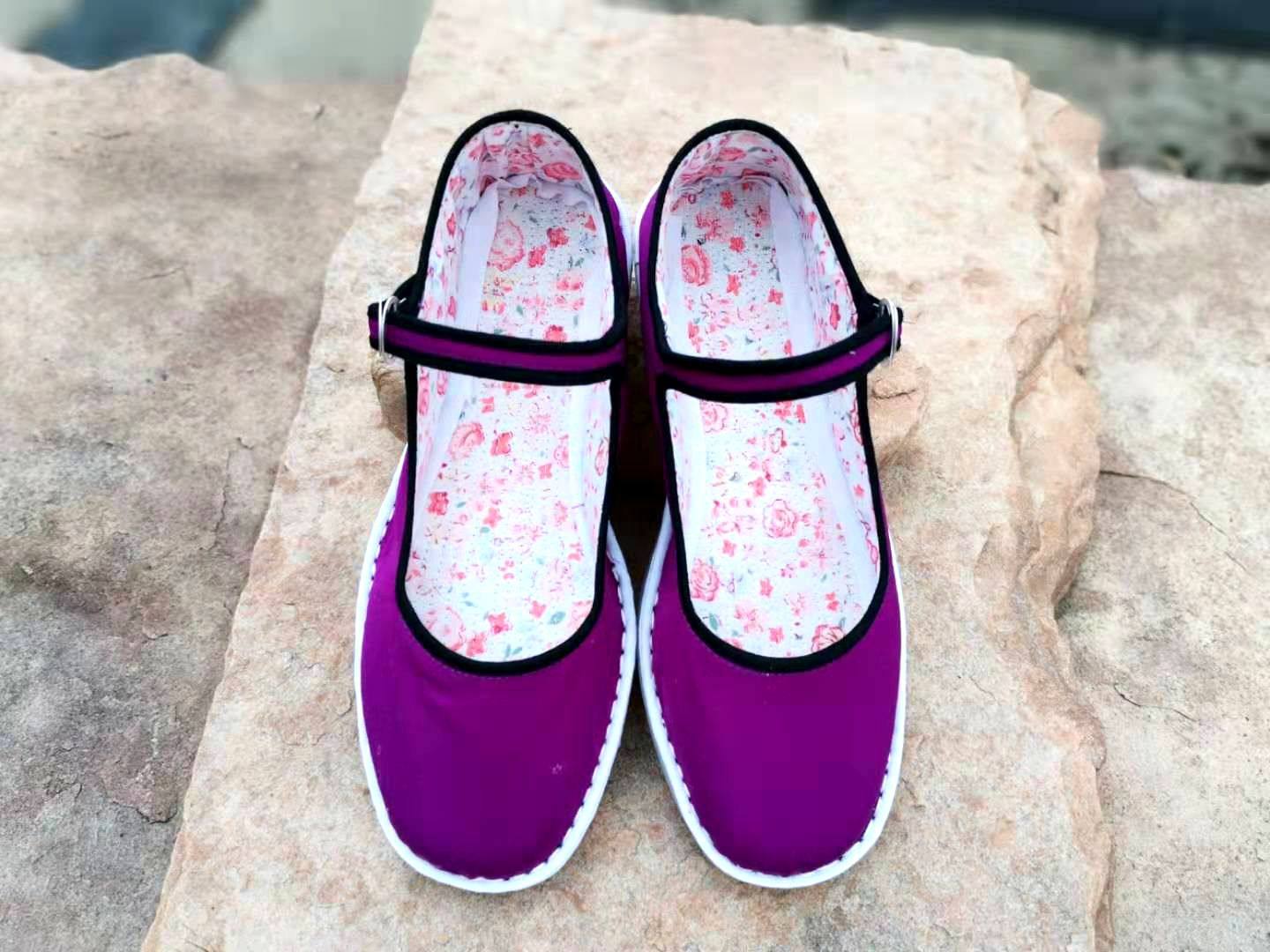 女士方口一字扣带布鞋社会鞋单紫色平底居家布鞋