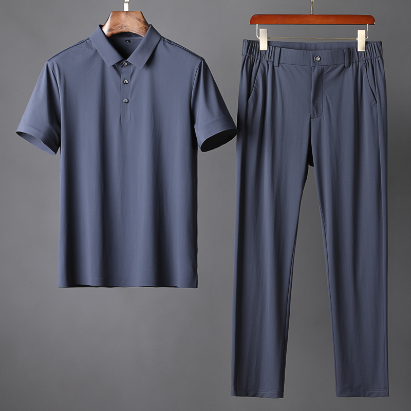 夏季高端无缝压胶超薄丝滑弹力冰丝翻领短袖休闲运动套装男两件套