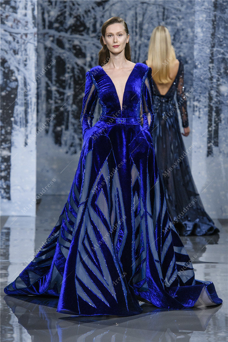 高端新款宝蓝蓝色丝绒长袖显瘦年会酒会颁奖典礼礼服