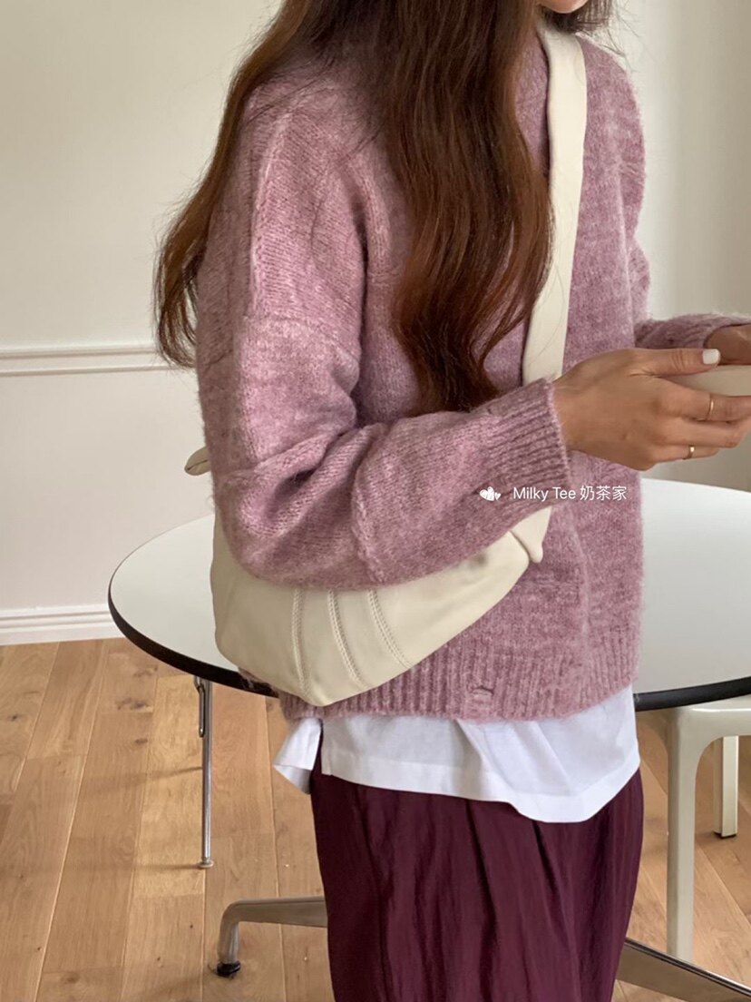 mt韩国东大门代直amber正品软糯雾霾灰脏粉色毛衣