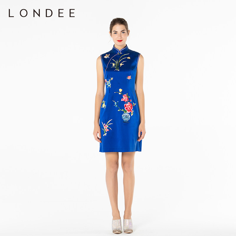 londee龙笛桑蚕丝绣花连衣裙旗袍7s21155旗袍