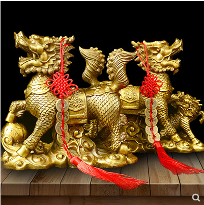 纯铜麒麟摆件一对招财送子戏珠麒麟家居装饰品玄关客厅风水工艺品