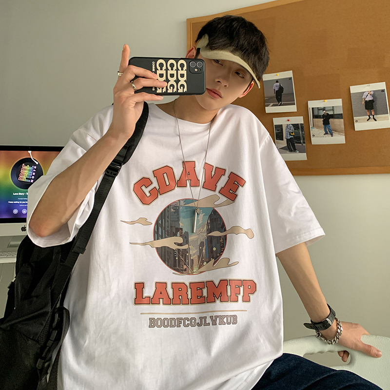 @方少男装 夏季字母印花T恤男原宿风潮流圆领宽松ins复古休闲短袖