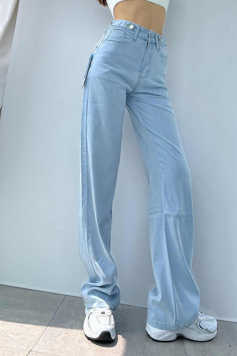 夏季轻薄天丝牛仔裤宽松垂感直筒裤女高腰冰丝阔腿长裤显高拖地裤