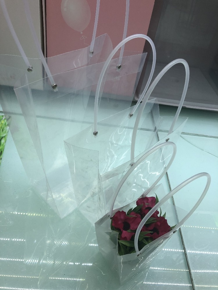 长柄手提袋pvc透明防水礼品袋鲜花花束盆栽绿植花艺包装盒