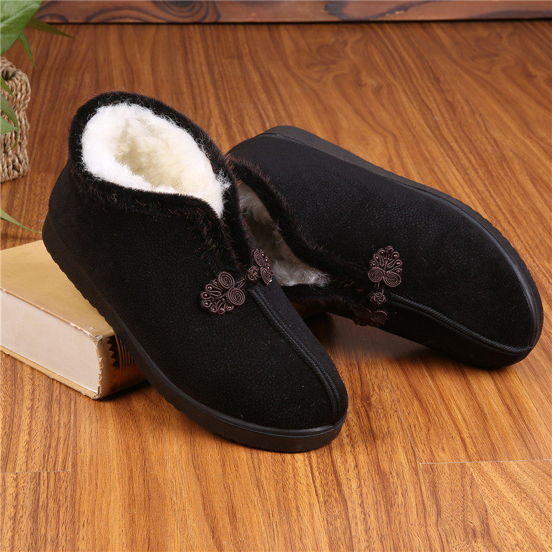 老北京羊毛奶奶加绒盘扣老式一道老人暖纯布棉鞋高帮鞋