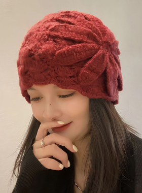 手工钩花包头帽遮白发毛线帽冬季防寒保暖帽子女镂空针织帽瓜皮帽青柠