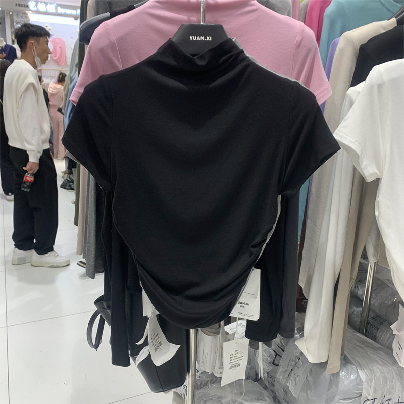 元熙yuanxi短袖女装春季新款韩版皱褶显瘦修身t恤