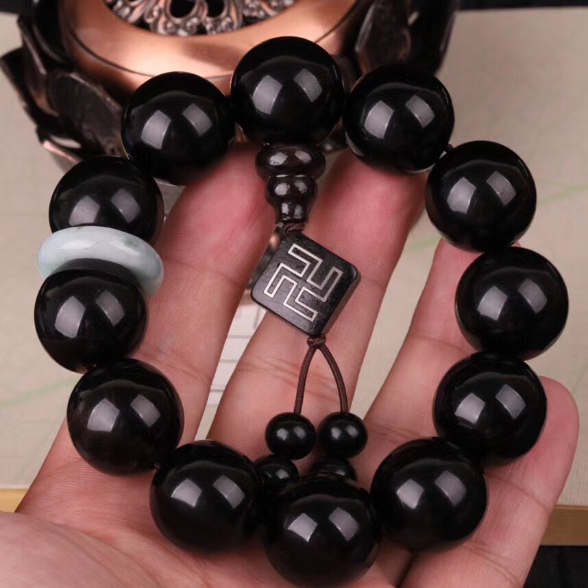 正宗高原产物可可西里羊角手链纯黑老料角质文玩手链