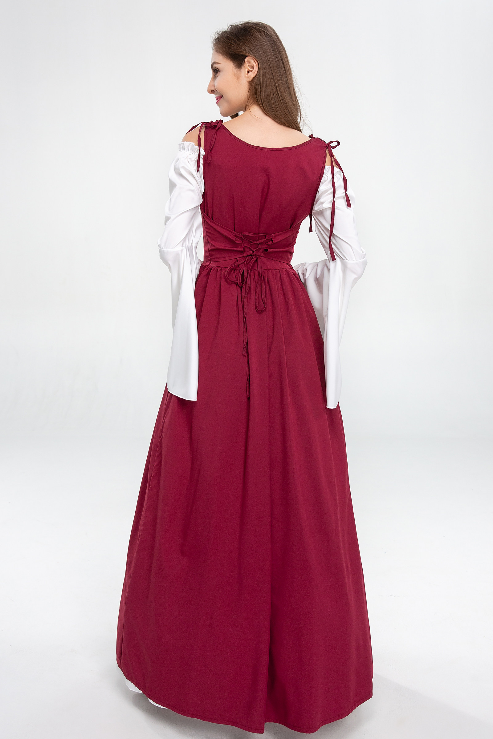 万圣节大码cos欧洲中世纪复古绑带束腰连衣裙一字民族服装