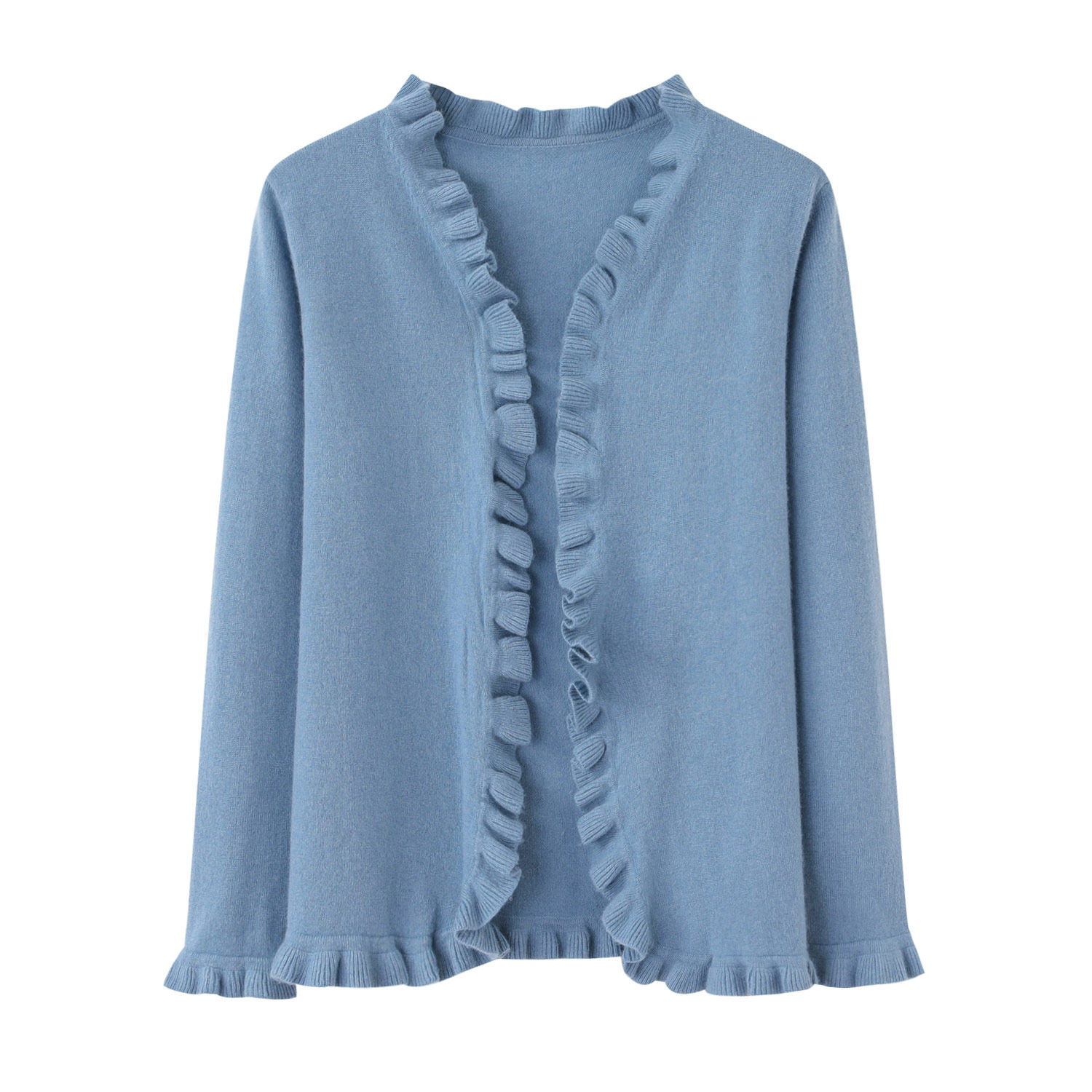 时尚尚可爱木耳边羊绒衫女式对襟休闲无扣针织毛针织衫