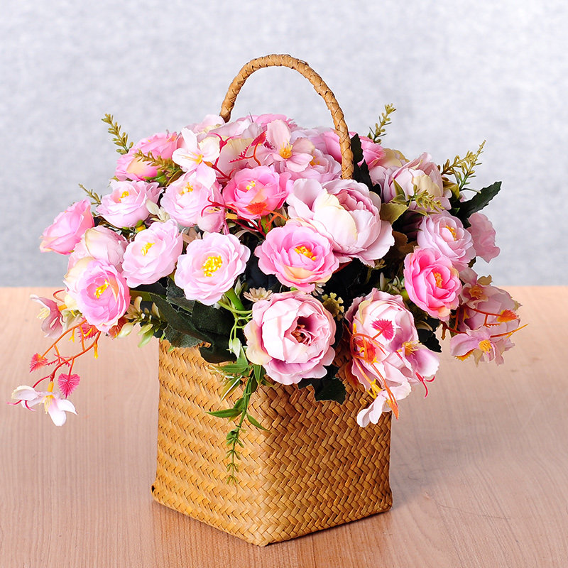 手提花篮仿真绢花牡丹牡丹花花茶玫小花束客厅仿真花