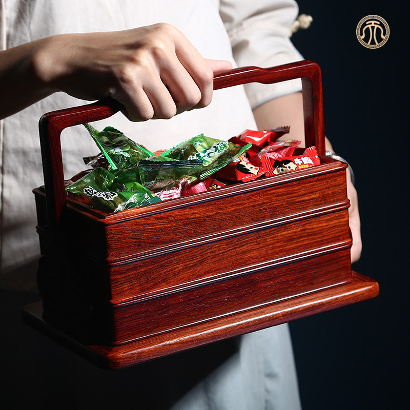 印度小叶紫檀全独三层提篮复古中式食盒古典摆件